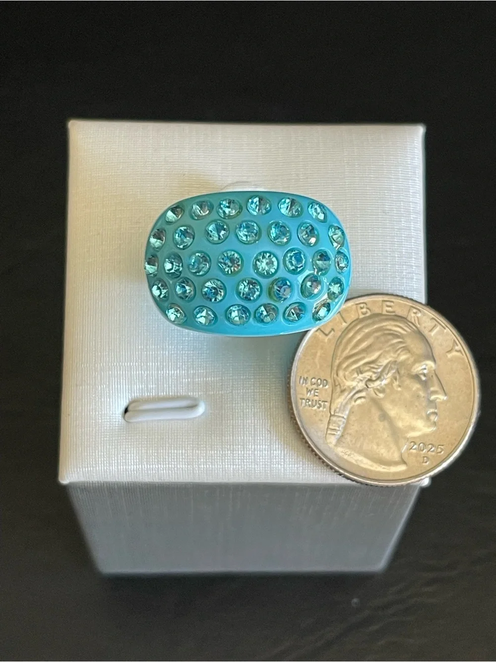 Vintage Aqua blue lucite rhinestone ring.